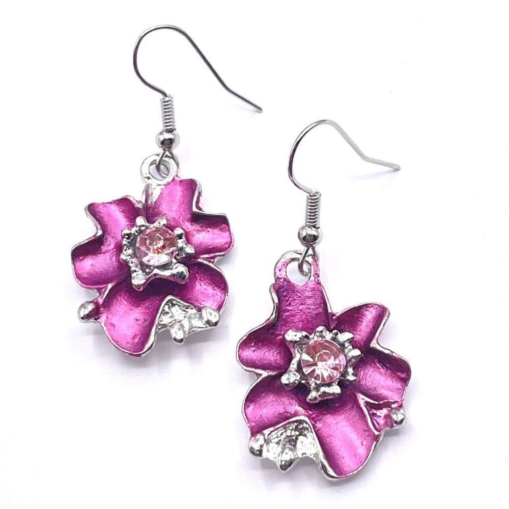 Silver with Pink Oil Drip and Crystal Dangling Flower Hook Earrings